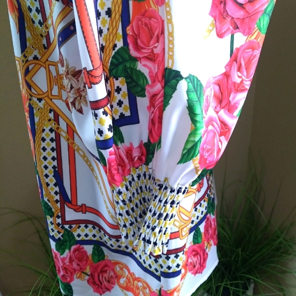 Women's Long Sleeve V-NECK Tie Multi-Color Flower Print Shirt-Size Large - Picture 4 of 10